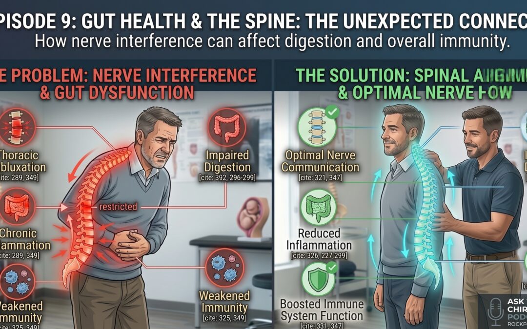 Infographic illustrating the gut-spine connection, showing how correcting spinal alignment with Dr. Brant Hulsebus improves digestion and relieves stomach and bowel issue